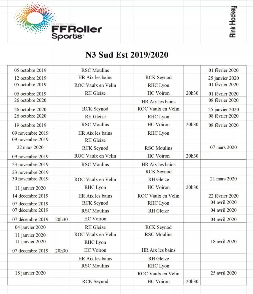 Liste des matchs N3 Sud pour Rink Hockey Saison 2019-2020